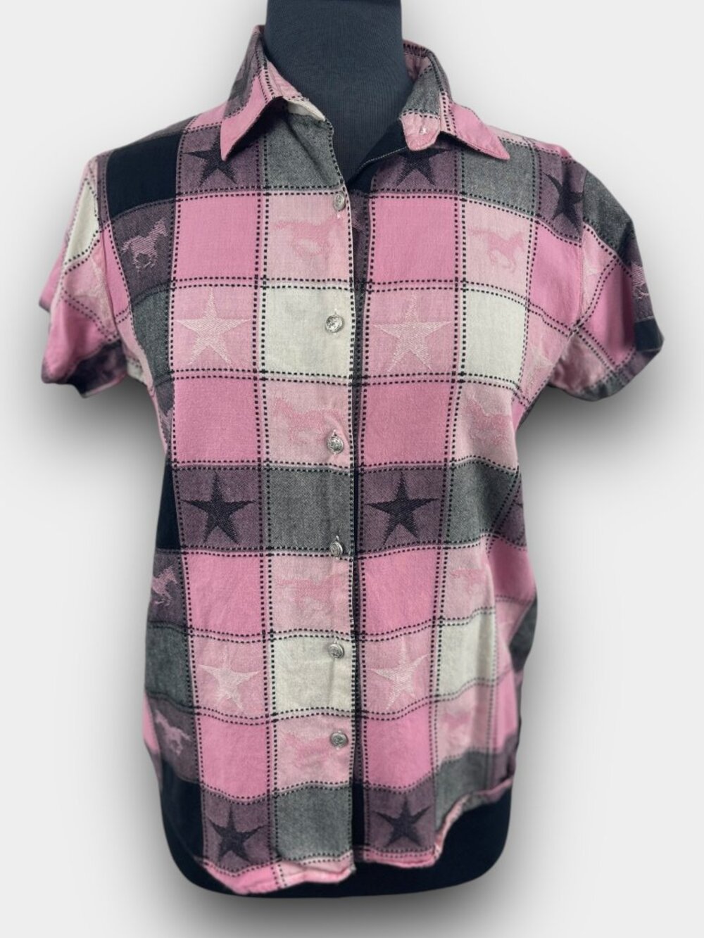 Adobe Rose Vintage Western Button Up Shirt M Pink‎ Plaid Horse Star Short Sleeve